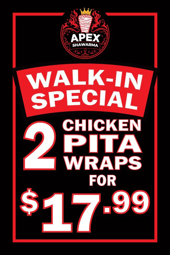 Apex offer 2 pita wraps for 17.99